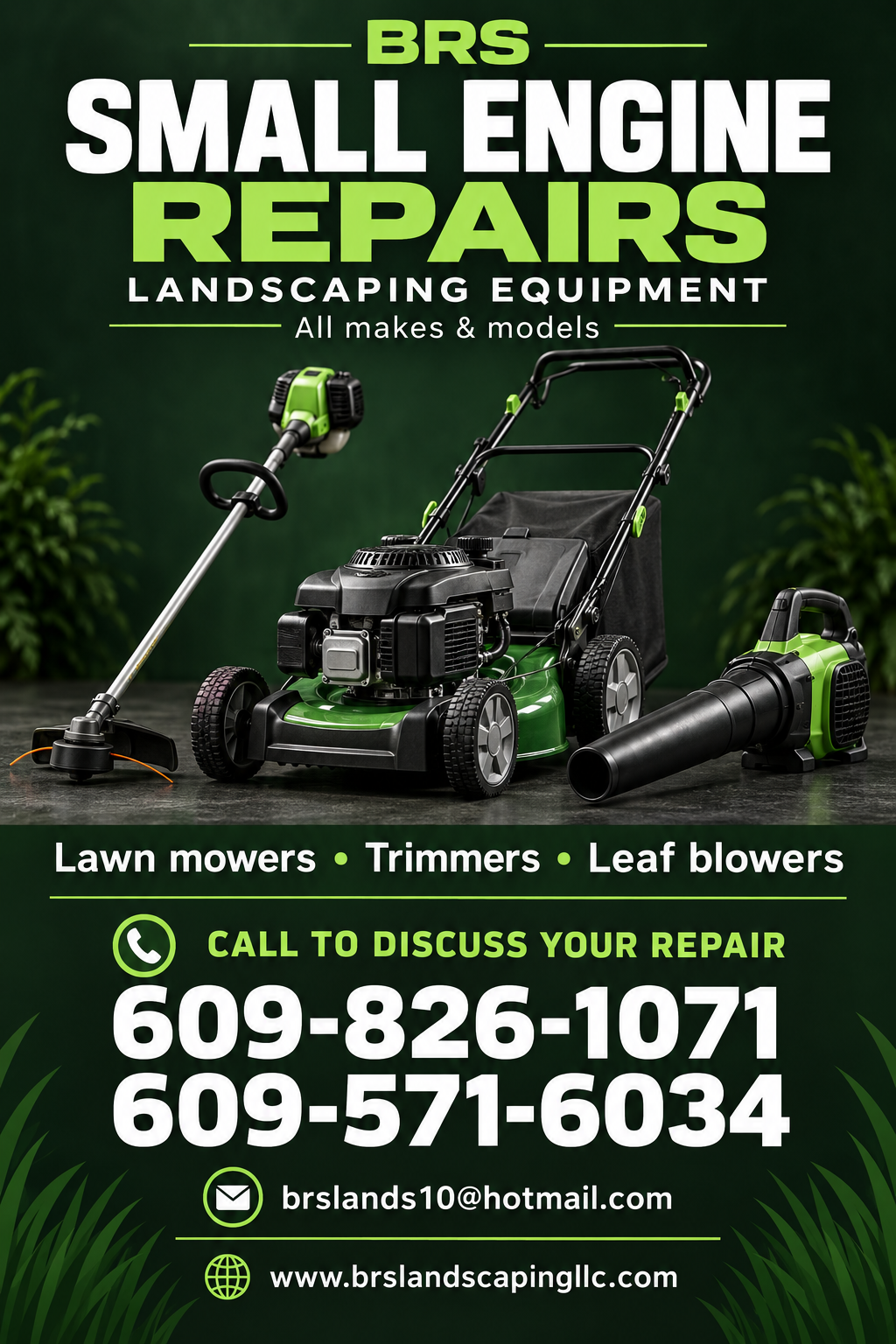 BRS Small Engine Repairs flyer: lawn mowers, trimmers and leaf blowers. Call 609-826-1071 or 609-571-6034.